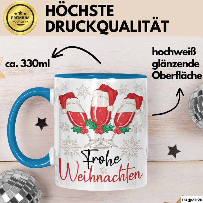 Weihnachten Weinglas Tasse Geschenk Weihnachtliche Grafik Weinliebhaber Frohe Weihnachten Kaffee-Becher Blau Trendation