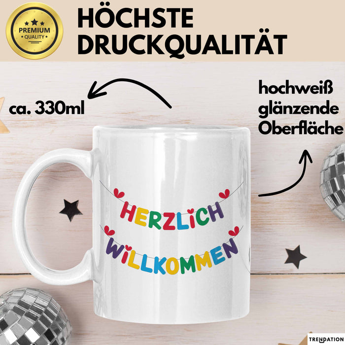 Willkommensparty Dekoration Tasse Geschenk Lustige Geschenkidee Spruch Herzlich Willkommen Weiß Trendation