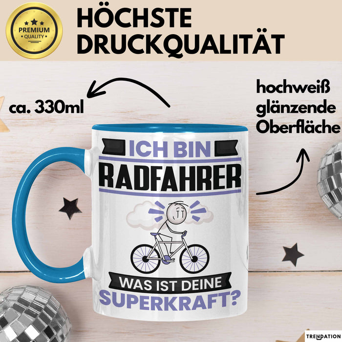 Radfahrer Tasse Geschenk für Radfahrer Geburtstag Lustiger Spruch Kaffee-Becher Was Ist Deine Superkraft Blau Trendation