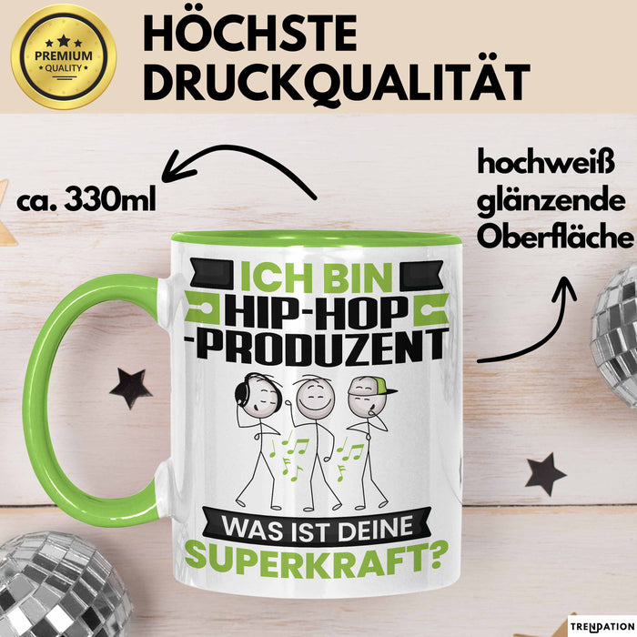 Hip-Hop-Produzent Tasse Geschenk für Hip-Hop-Produzent Geburtstag Lustiger Spruch Kaffee-Becher Was Ist Deine Superkraft Grün Trendation