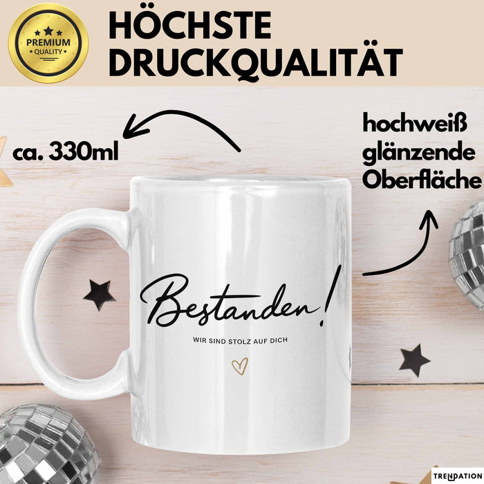 Schüler Abschluss Tasse Geschenk Lustige Geschenkidee Spruch Bestanden Wir Sind Stolz Auf Dich Weiß Trendation