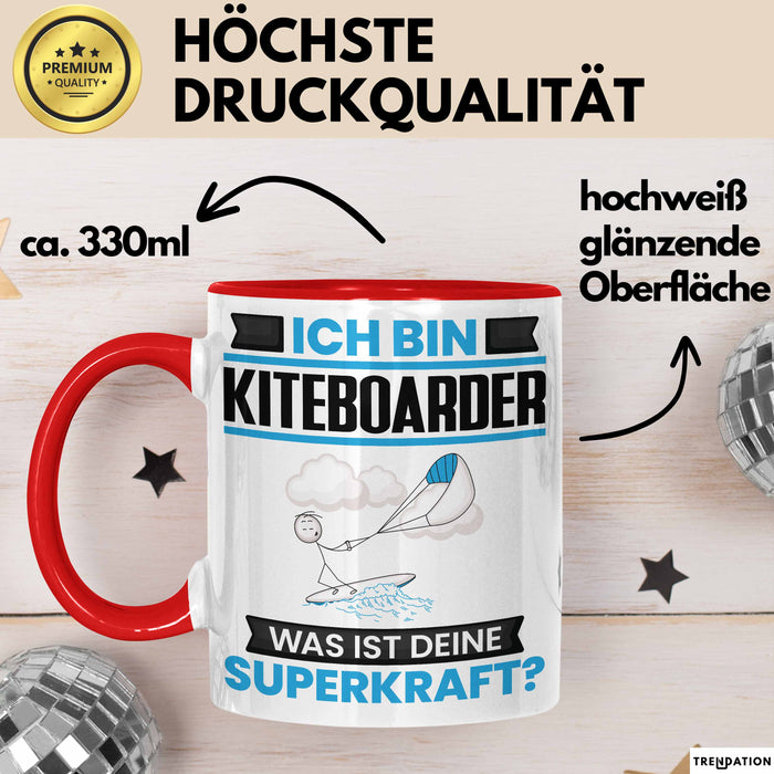 Kiteboarder Tasse Geschenk für Kiteboarder Geburtstag Lustiger Spruch Kaffee-Becher Was Ist Deine Superkraft Rot Trendation