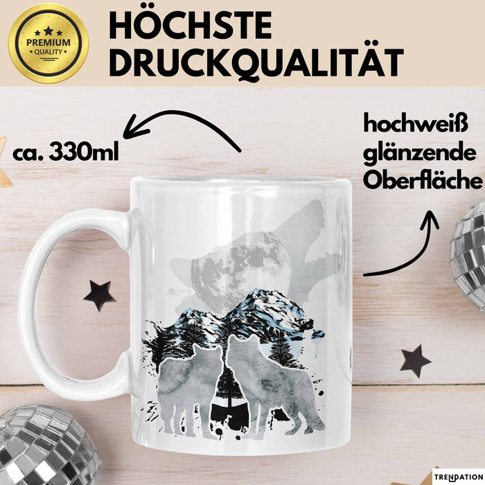 Wolf Tasse Geschenk Heulender Wolf Vögel Mond Silhouetten Geschenkidee Weiß Trendation