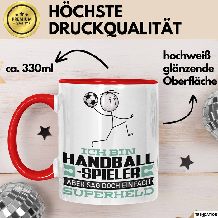 Handballspieler Geschenk Tasse Ich Bin Handballspieler Aber Sag Doch Einfach Superheld Lustige Geschenkdiee für Handballspieler Kaffee-Becher Rot Trendation