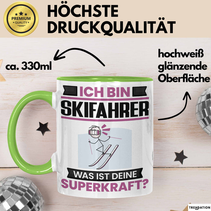 Skifahrer Tasse Geschenk für Skifahrer Geburtstag Lustiger Spruch Kaffee-Becher Was Ist Deine Superkraft Grün Trendation