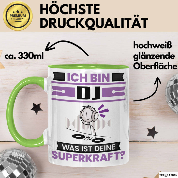DJ Tasse Geschenk für DJ Geburtstag Lustiger Spruch Kaffee-Becher Was Ist Deine Superkraft Grün Trendation