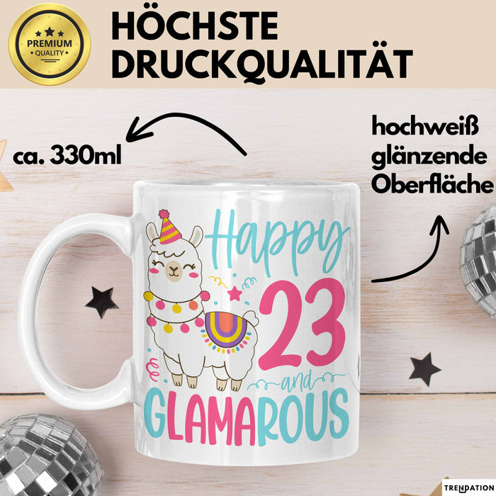 23er Geburtstag Tasse Geschenk Happy 23 And Glamarous Llama Alpaka Liebhaber Geschenkidee zum Geburtstag Weiß Trendation