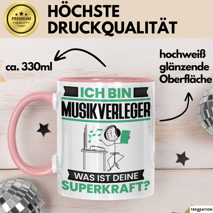 Musikverleger Tasse Geschenk für Musikverleger Geburtstag Lustiger Spruch Kaffee-Becher Was Ist Deine Superkraft Rosa Trendation