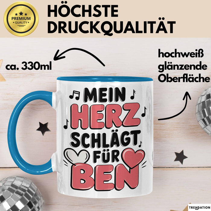 Romantische Liebe Tasse Geschenk Lustige Geschenkidee Spruch Mein Herz Schlägt Für Ben Blau Trendation