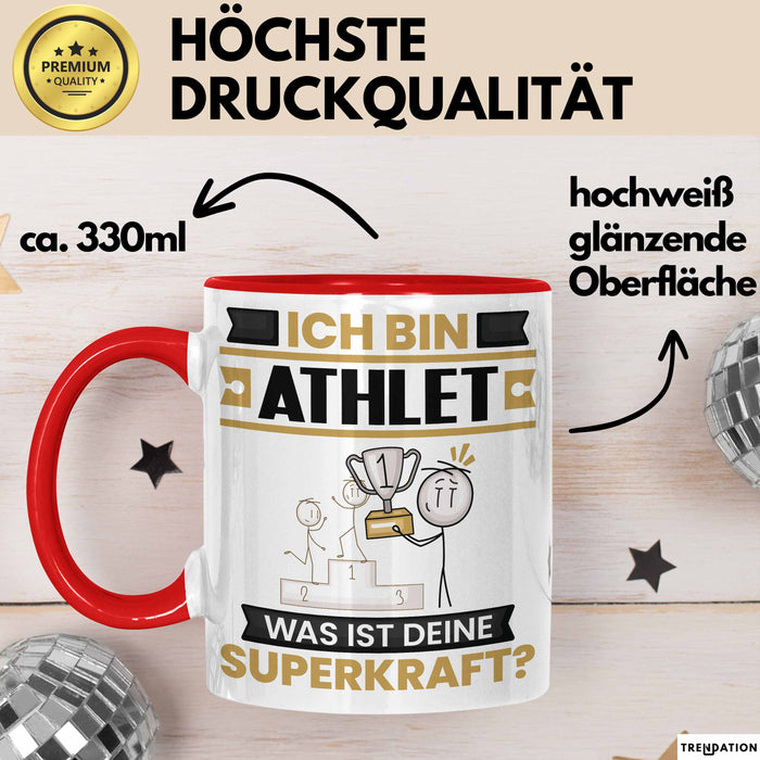 Athlet Tasse Geschenk für Athlet Geburtstag Lustiger Spruch Kaffee-Becher Was Ist Deine Superkraft Rot Trendation