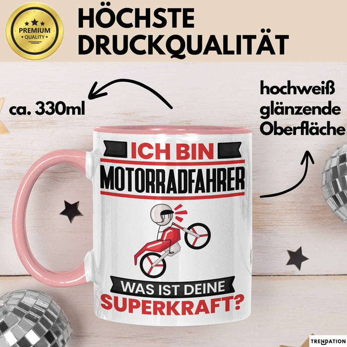 Motorradfahrer Tasse Geschenk für Motorradfahrer Geburtstag Lustiger Spruch Kaffee-Becher Was Ist Deine Superkraft Rosa Trendation
