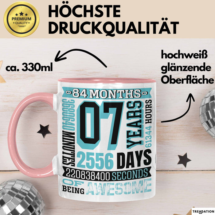 Tasse 07 Jahre Jubiläum Design mit Zeitangaben, Geschenkidee Rosa Trendation