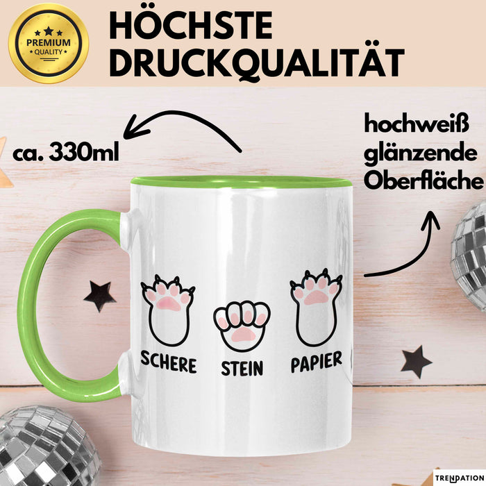 Katzen Tierliebhaber Tasse Geschenk Lustige Geschenkidee Spruch Schere Stein Papier Grün Trendation