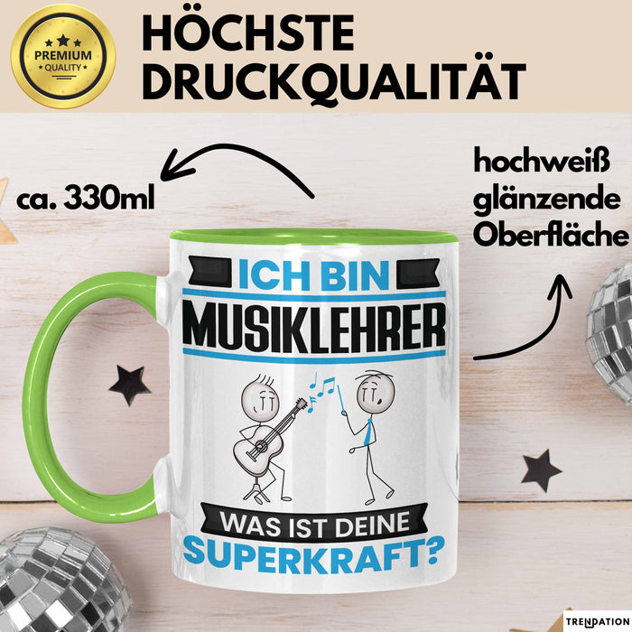 Musiklehrer Tasse Geschenk für Musiklehrer Geburtstag Lustiger Spruch Kaffee-Becher Was Ist Deine Superkraft Grün Trendation