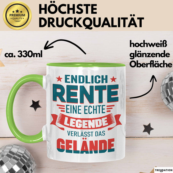 Rentner Pensionär Sarkasmus Tasse Geschenk Lustige Geschenkidee Spruch Endlich Rente Eine Echte Legende Verlässt Das Gelände Grün Trendation