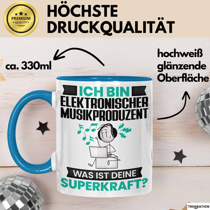 Elektronischer Musikproduzent Tasse Geschenk für Elektronischer Musikproduzent Geburtstag Lustiger Spruch Kaffee-Becher Was Ist Deine Superkraft Blau Trendation