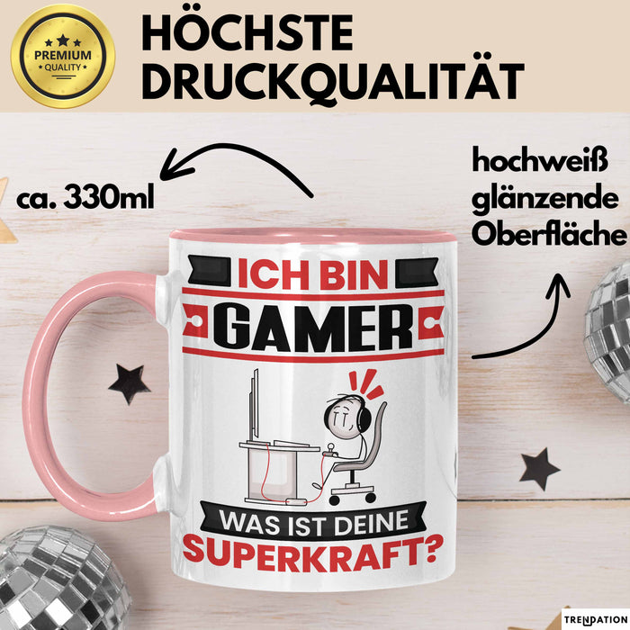 Gamer Tasse Geschenk für Gamer Geburtstag Lustiger Spruch Kaffee-Becher Was Ist Deine Superkraft Rosa Trendation