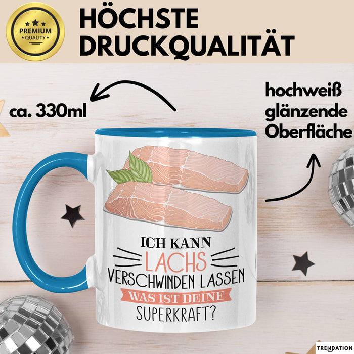 Lachs-Liebhaber Tasse Geschenk Ich Kann Lachs Verschwinden Lassen Was Ist Deine Superkraft Becher Geschenkidee Lachs Kaffee-Becher Blau Trendation