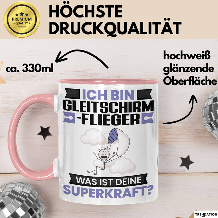 Gleitschirmflieger Tasse Geschenk für Gleitschirmflieger Geburtstag Lustiger Spruch Kaffee-Becher Was Ist Deine Superkraft Rosa Trendation