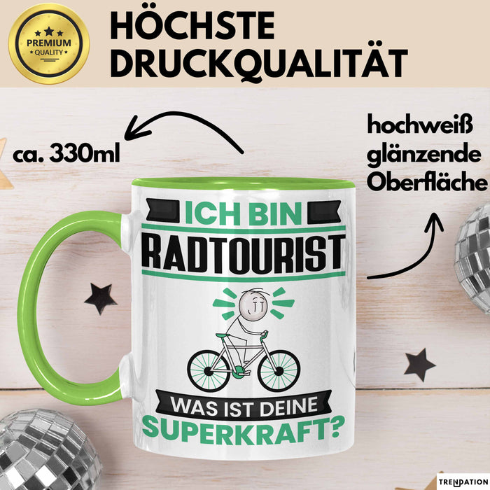Radtourist Tasse Geschenk für Radtourist Geburtstag Lustiger Spruch Kaffee-Becher Was Ist Deine Superkraft Grün Trendation