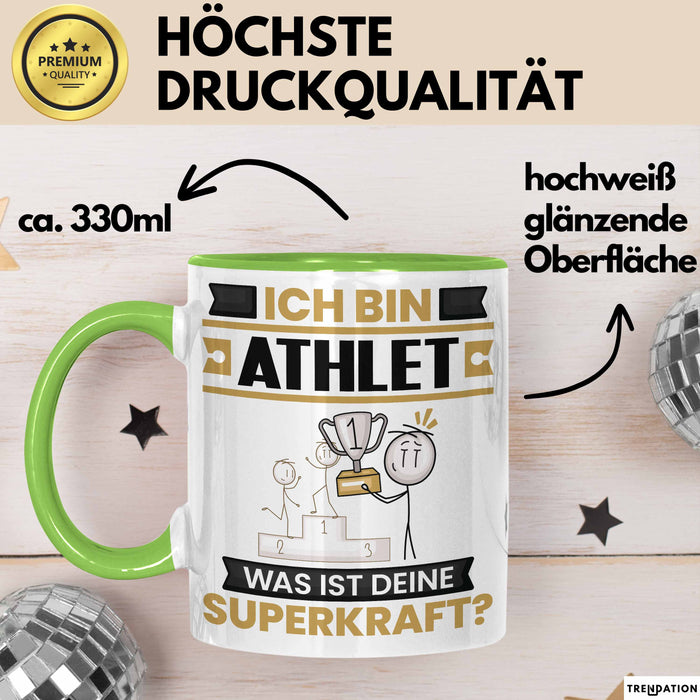 Athlet Tasse Geschenk für Athlet Geburtstag Lustiger Spruch Kaffee-Becher Was Ist Deine Superkraft Grün Trendation
