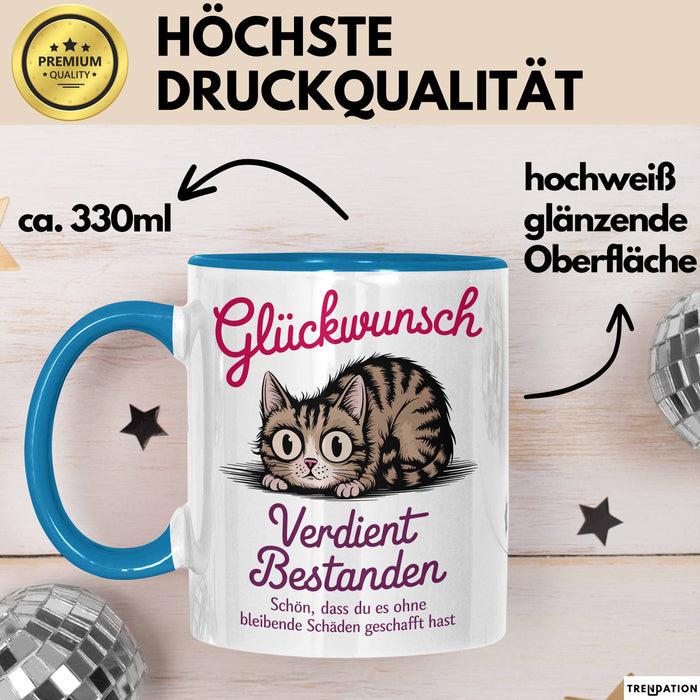 Schüler Abschluss Tasse Geschenk Lustige Geschenkidee Spruch Glückwunsch Verdient Bestanden Blau Trendation