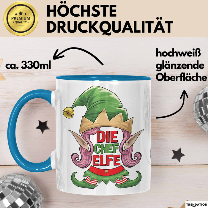 Chefin Tasse Geschenk Die Chef Elfe Geschenkidee Zu Weihnachten Für Chefin Kaffee-Becher Blau Trendation