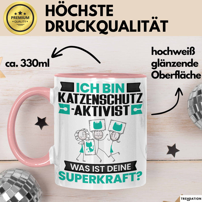 Katzenschutzaktivist Tasse Geschenk für Katzenschutzaktivist Geburtstag Lustiger Spruch Kaffee-Becher Was Ist Deine Superkraft Rosa Trendation