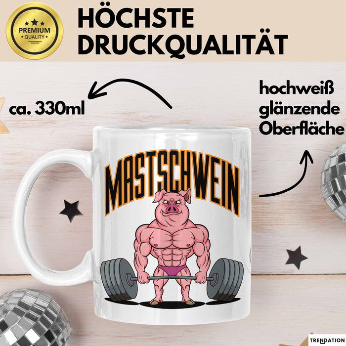 Schweinebauer Schweine Tier Gewichtheben Tasse Geschenk Lustige Geschenkidee Spruch Mastschwein Weiß Trendation