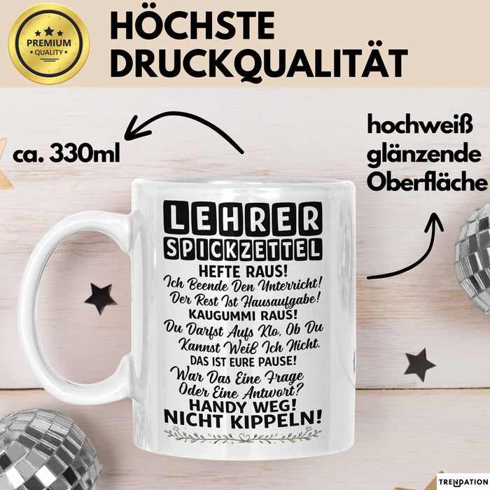 Unterricht Lehrer Wertschätzung Tasse Geschenk Lustige Geschenkidee Spruch Lehrer Spickzettel Weiß Trendation