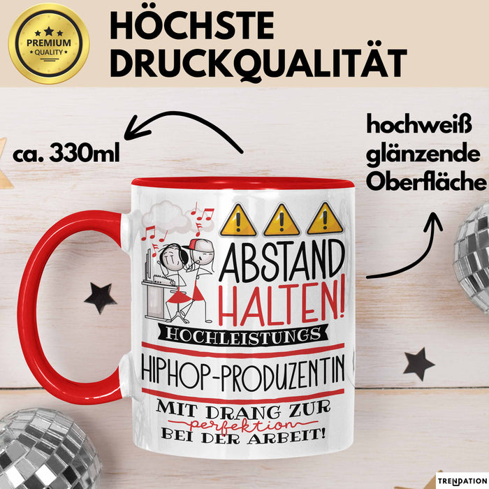 Hiphop-Produzentin Tasse Geschenk Lustig Abstand Halten Hochleistungs-Hiphop-Produzentin Mit Drang Zur Perfektion Bei Der Arbeit Rot Trendation