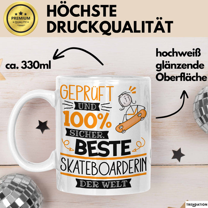 Beste Skateboarderin Der Welt Tasse Geschenk für Eine Skateboarderin Geprüft Und Sicher Geschenkidee Geburtstag Weihnachten Weiß Trendation