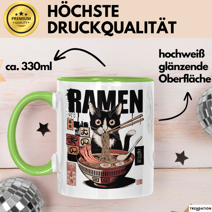 Katzen Tierliebhaber Tasse Geschenk Lustige Geschenkidee Spruch Katze Isst Ramen Nudeln Grün Trendation