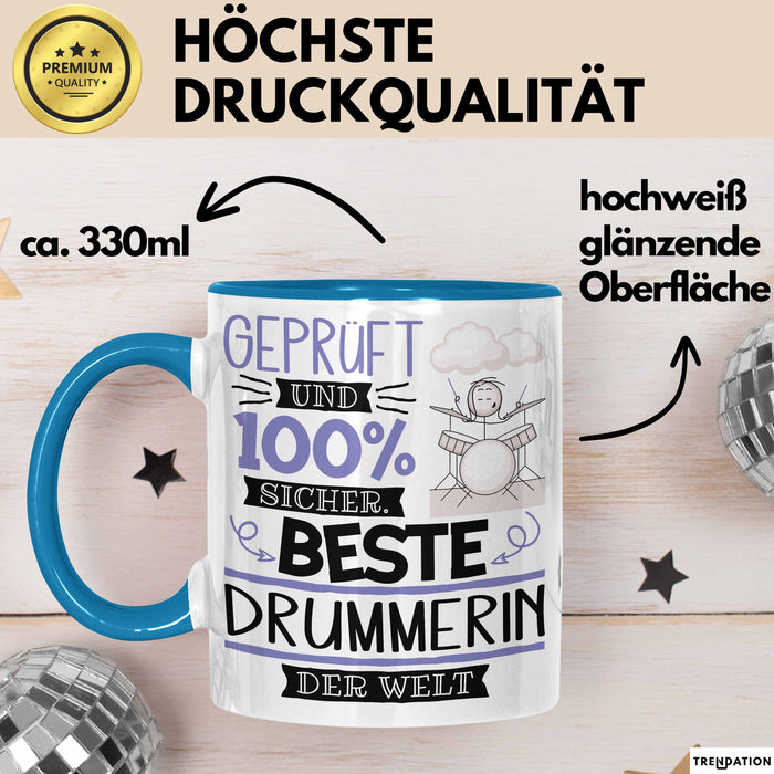 Beste Drummerin Der Welt Tasse Geschenk für Eine Drummerin Geprüft Und Sicher Geschenkidee Geburtstag Weihnachten Blau Trendation