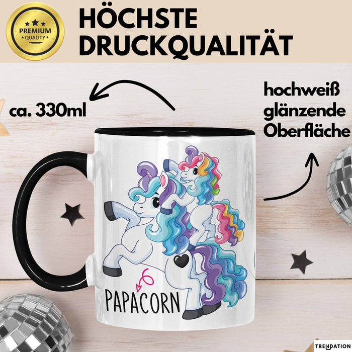 Tasse Geschenk Papacorn Lustiges Einhorn Design Becher Schwarz Trendation