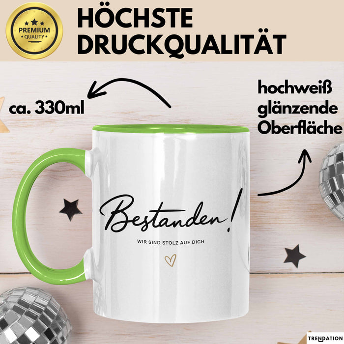 Schüler Abschluss Tasse Geschenk Lustige Geschenkidee Spruch Bestanden Wir Sind Stolz Auf Dich Grün Trendation