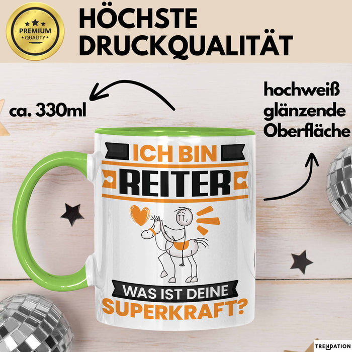 Reiter Tasse Geschenk für Reiter Geburtstag Lustiger Spruch Kaffee-Becher Was Ist Deine Superkraft Grün Trendation