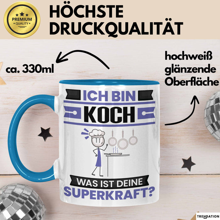 Koch Tasse Geschenk für Koch Geburtstag Lustiger Spruch Kaffee-Becher Was Ist Deine Superkraft Blau Trendation
