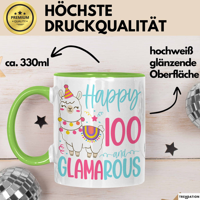 100er Geburtstag Tasse Geschenk Happy 100 And Glamarous Llama Alpaka Liebhaber Geschenkidee zum Geburtstag Grün Trendation