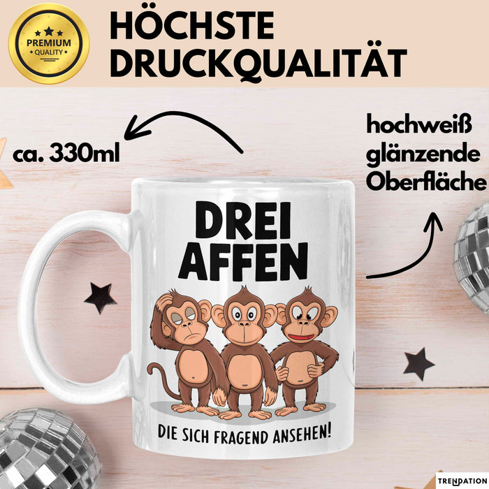 Affe Tier Tasse Geschenk Lustige Geschenkidee Spruch 3 affen Die Sich Fragend Ansehen Weiß Trendation