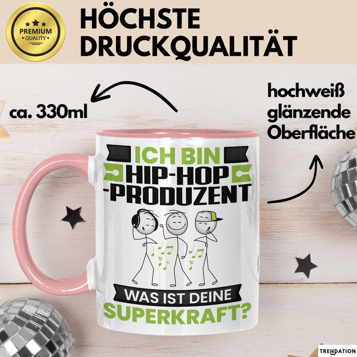 Hip-Hop-Produzent Tasse Geschenk für Hip-Hop-Produzent Geburtstag Lustiger Spruch Kaffee-Becher Was Ist Deine Superkraft Rosa Trendation