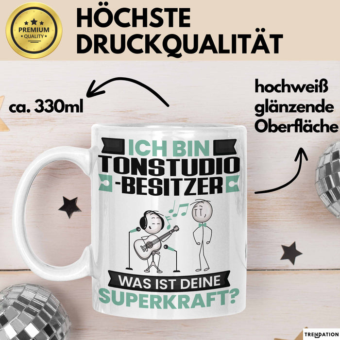 Tonstudio-Besitzer Tasse Geschenk für Tonstudio-Besitzer Geburtstag Lustiger Spruch Kaffee-Becher Was Ist Deine Superkraft Weiß Trendation