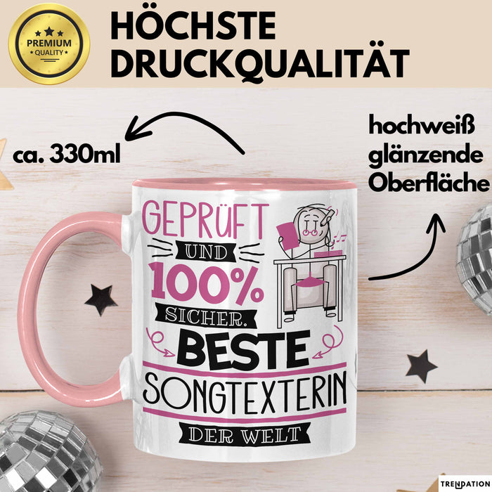 Beste Songtexterin Der Welt Tasse Geschenk für Eine Songtexterin Geprüft Und Sicher Geschenkidee Geburtstag Weihnachten Rosa Trendation