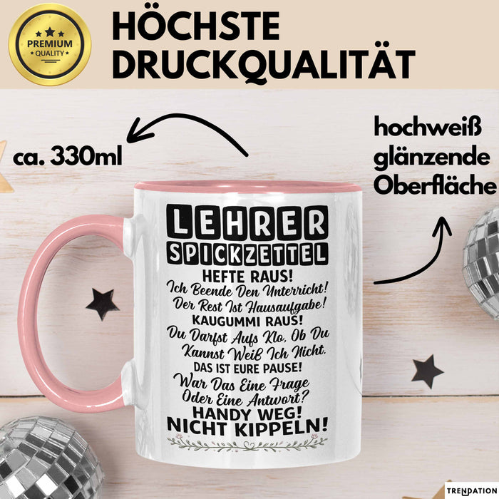 Unterricht Lehrer Wertschätzung Tasse Geschenk Lustige Geschenkidee Spruch Lehrer Spickzettel Rosa Trendation