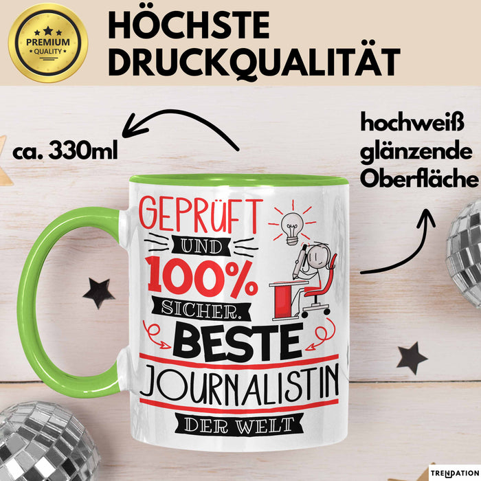 Beste Journalistin Der Welt Tasse Geschenk für Eine Journalistin Geprüft Und Sicher Geschenkidee Geburtstag Weihnachten Grün Trendation