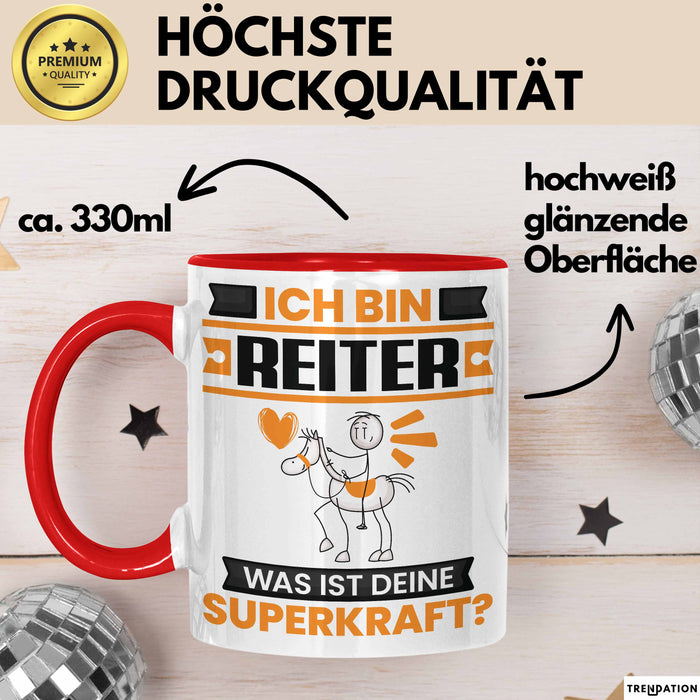 Reiter Tasse Geschenk für Reiter Geburtstag Lustiger Spruch Kaffee-Becher Was Ist Deine Superkraft Rot Trendation
