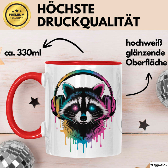 Waschbär Tierliebhaber Musik Kopfhörer Tasse Geschenk Lustige Geschenkidee Spruch Rot Trendation