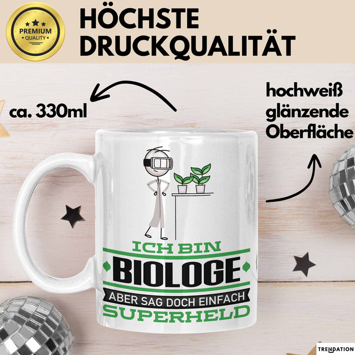 Biologe Geschenk Tasse Ich Bin Biologe Aber Sag Doch Einfach Superheld Lustige Geschenkdiee für Biologe Kaffee-Becher Weiß Trendation