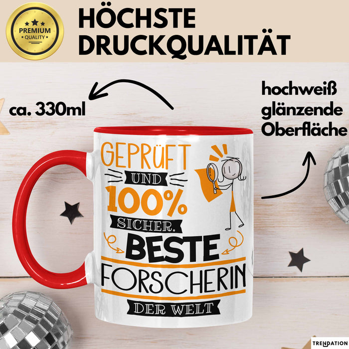 Beste Forscherin Der Welt Tasse Geschenk für Eine Forscherin Geprüft Und Sicher Geschenkidee Geburtstag Weihnachten Rot Trendation