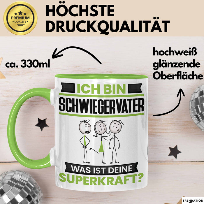 Schwiegervater Tasse Geschenk für Schwiegervater Geburtstag Lustiger Spruch Kaffee-Becher Was Ist Deine Superkraft Grün Trendation